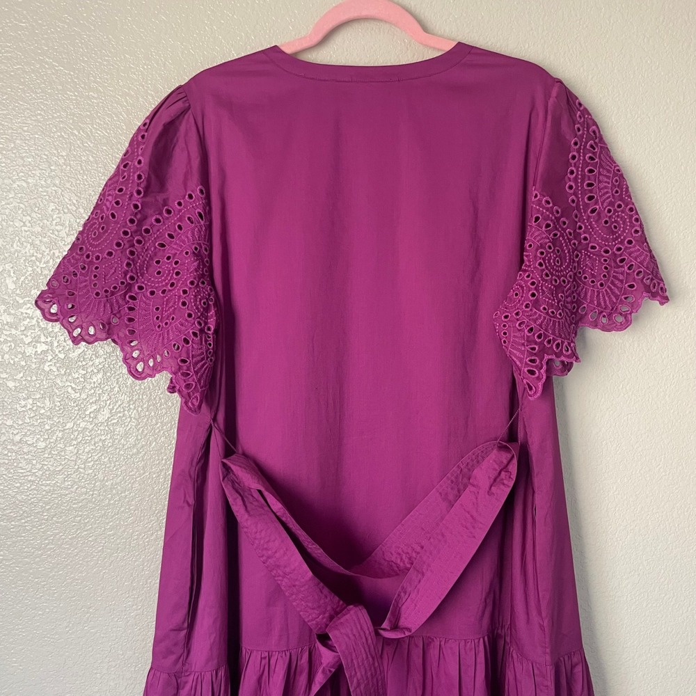 Soft Surroundings Dress XL Petite Purple Midi Eyelet Tiered Belted Cotton Pocket - Picture 7 of 12
